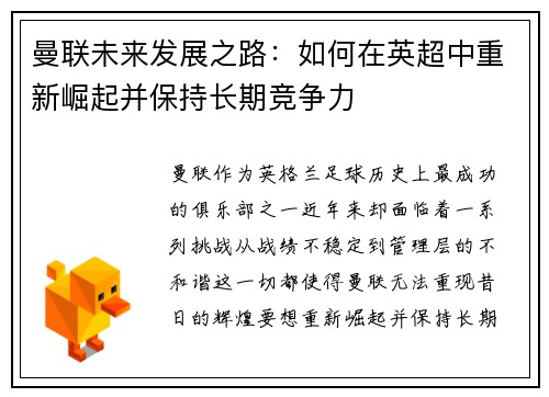 曼联未来发展之路：如何在英超中重新崛起并保持长期竞争力